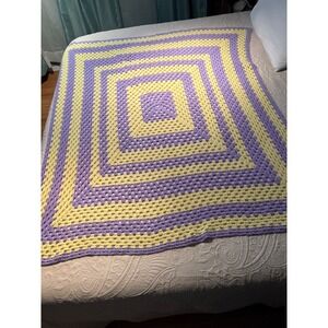 Handmade Granny Square Crochet Blanket Throw Yellow Purple Cozy Baby‎ Toddler